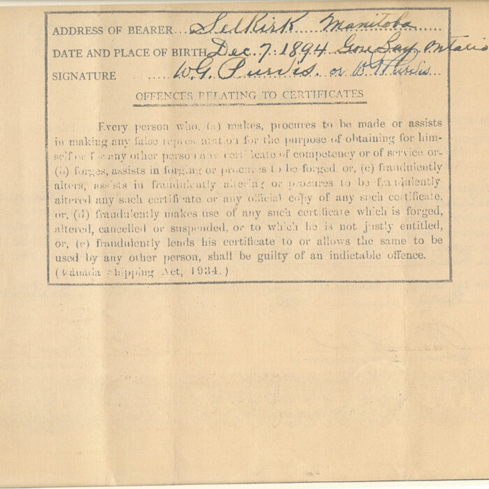 Certificate of Service William George Purvis Back, 1940, Fraser Stewart Back of the printed certificate of service dedicated to William Purvis