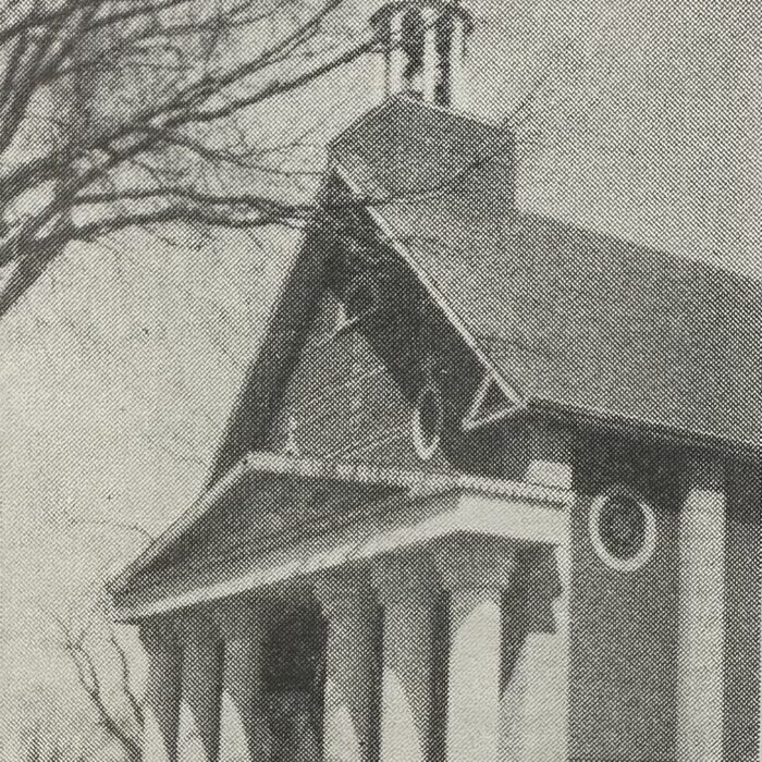 Black and white side view of the Notre Dame Catholic church in 1970
