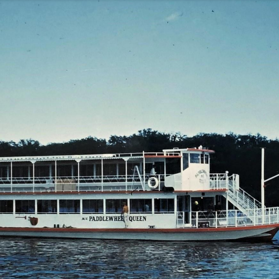Paddlewheel Queen 2, c1965, Fraser Stewart Coloured side view of the Paddlewheel Queen with built by Purvis Boats in the top corner