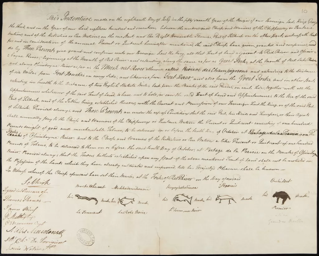 Handwritten Peguis Selkirk treaty in 1817