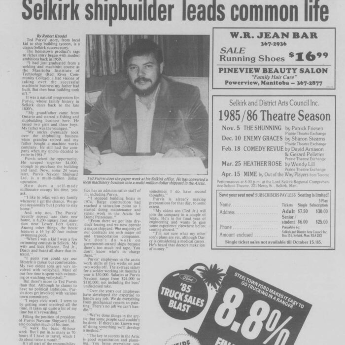 Selkirk Shipbuilder Leads Common Life, 1985, Selkirk Journal Newspaper article titled Selkirk shipbuilder leads a common life
