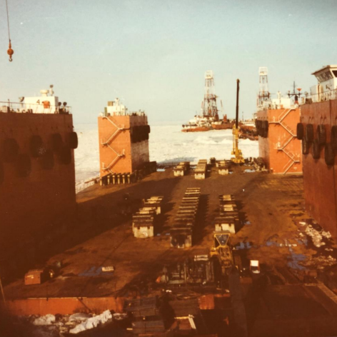 Tuktoyaktuk Project Building Support Barges, Date Unknown, Fraser Stewart Support materials for the Tuktoyatuk project on transit