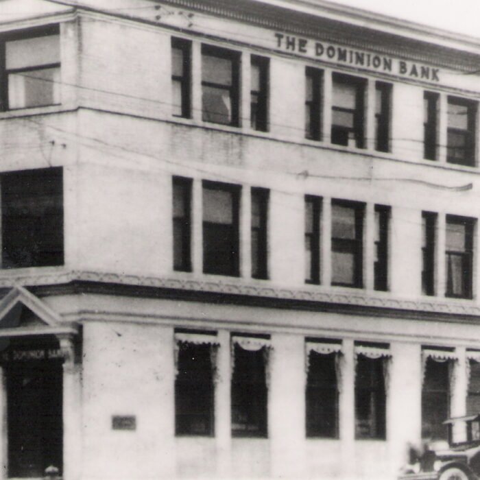 The Dominion Bank, 1920s, Ian Reid Side profile of the old Dominion Bank in black and white