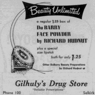 Gilhuly Drug Store Ad, 1953, Selkirk Enterprise Newspaper ad for beauty products being sold at Gilhuly's Drug Store.