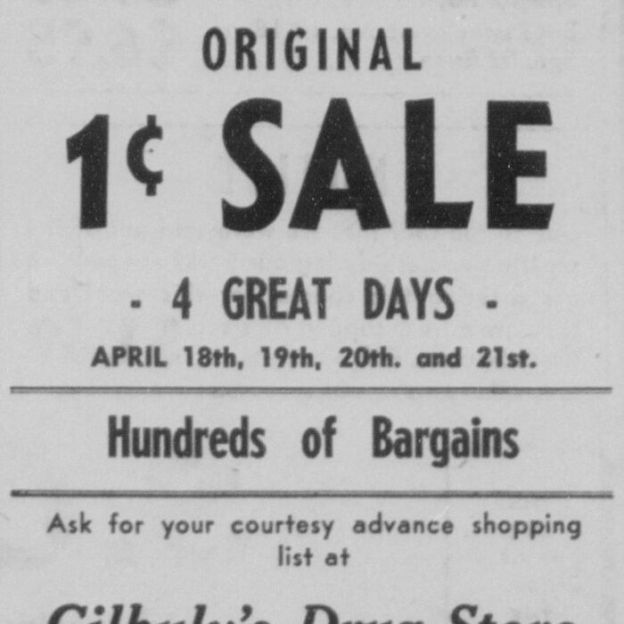 Ad for sale at Gilhuly’s Drug Store, April 11 1956, Selkirk Enterprise Newspaper ad for a sale at Gilhuly's Drug Store.