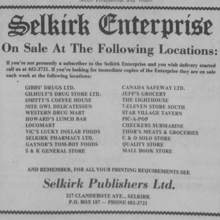 Ad for Selkirk Enterprise Sale Locations, July 14 1976, Selkirk Enterprise Newspaper ad of the locations where the Selkirk Enterprise can be bought, one of the locations is Gilhuly's Drug Store.