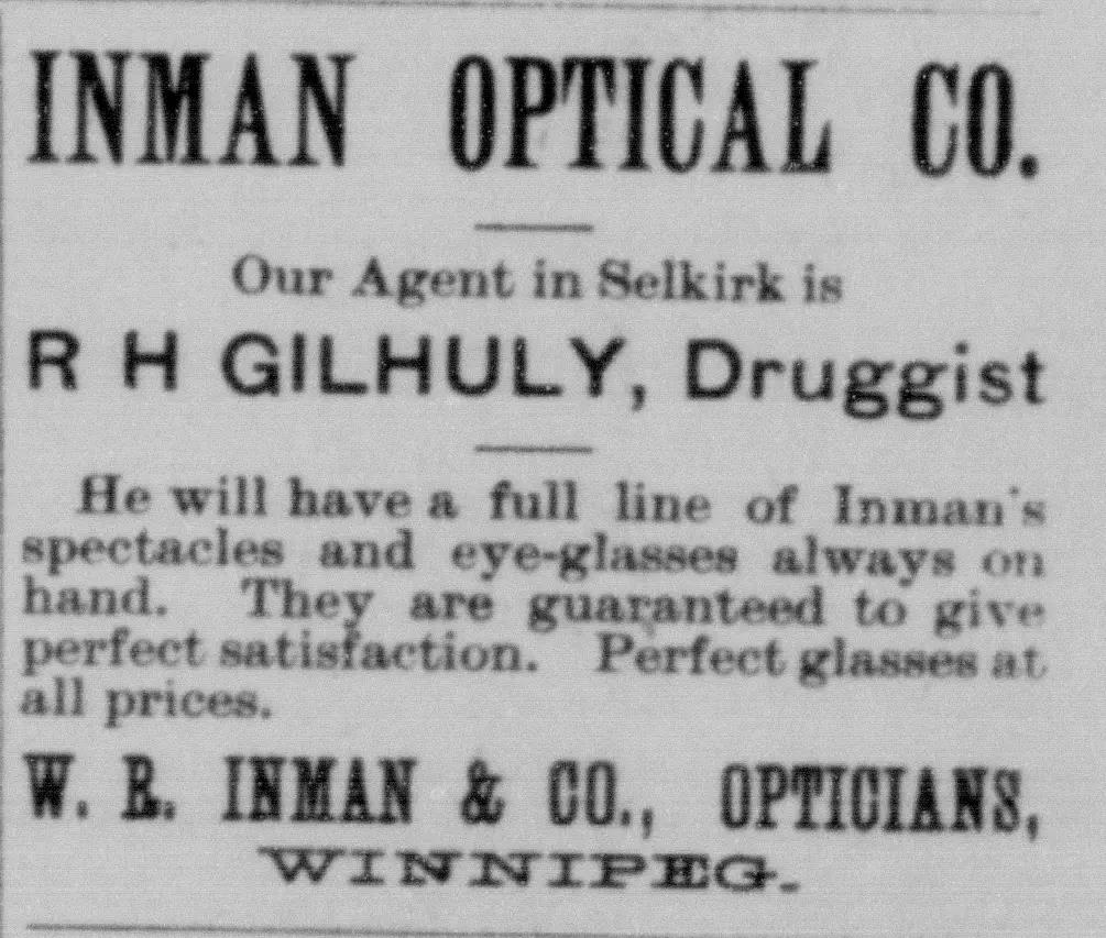 Newspaper ad for Inman's glasses being sold at Gilhuly's Drug Store.