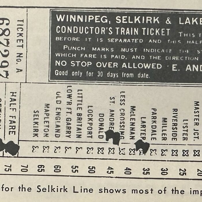 Black and white conductors train ticket with holes punched into it.