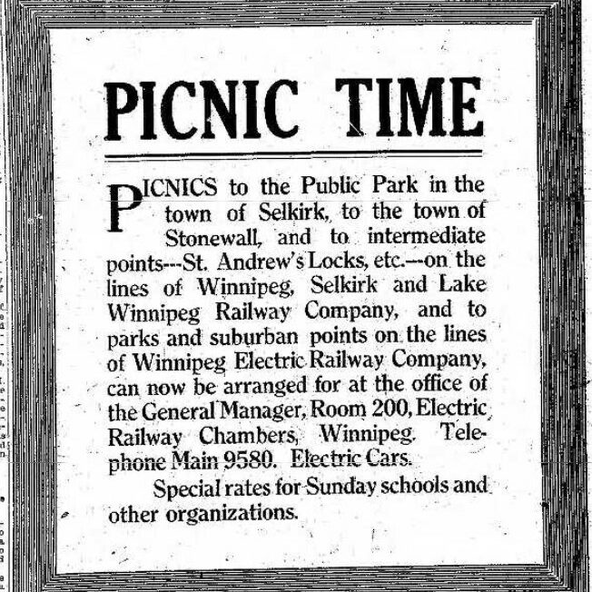 Winnipeg free Press newspaper ad. This advertises when the trains would be in Selkirk to take their passengers