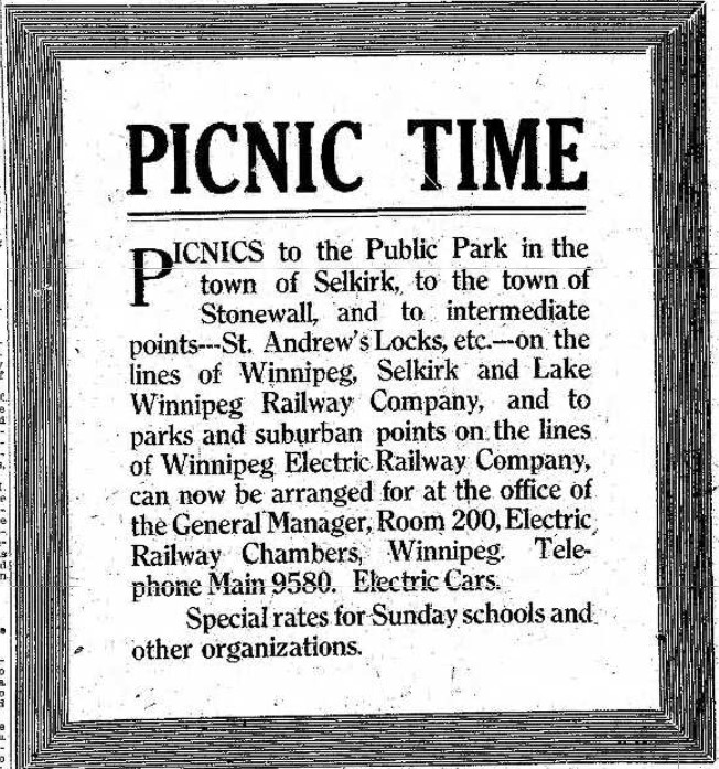 Winnipeg free Press newspaper ad. This advertises when the trains would be in Selkirk to take their passengers
