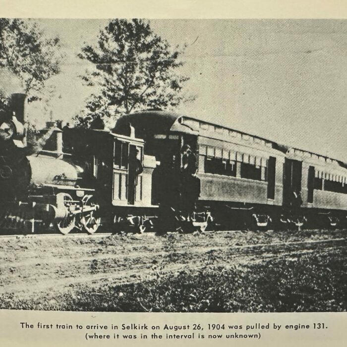 A steam locomotive is pictured towing three train cars and in the background there are trees