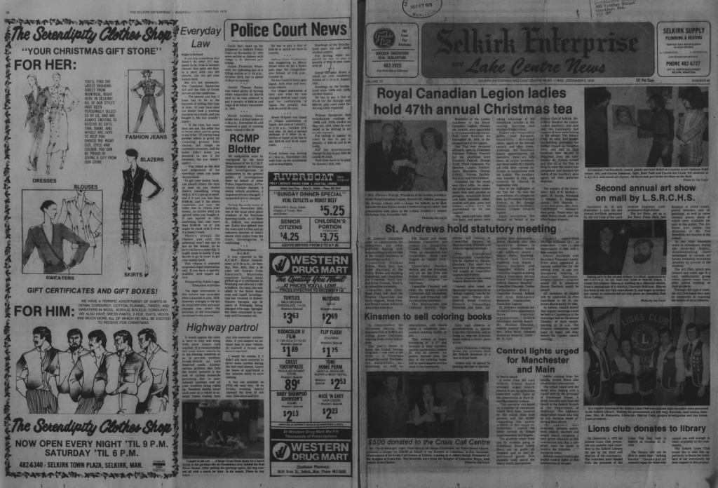 Front and back page of the Selkirk Enterprise and Lake Centre News with several small photos.
