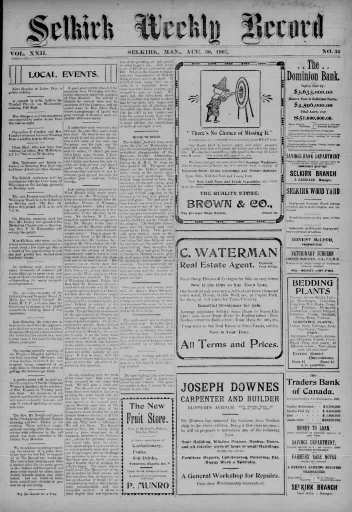 Front page of the Selkirk Weekly Record with a small illustration.
