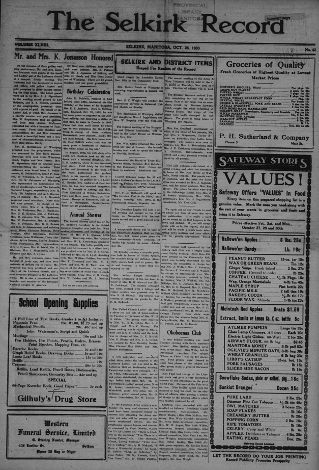 Front page of the Selkirk Record with text only.