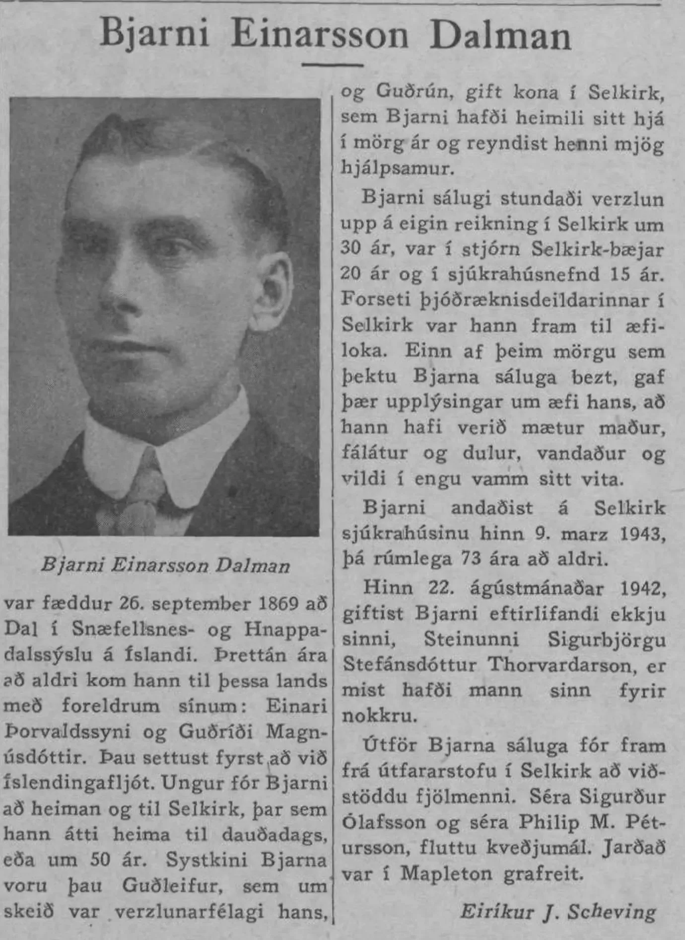 Newspaper clipping written in Icelandic. Small black and white photo headshot.