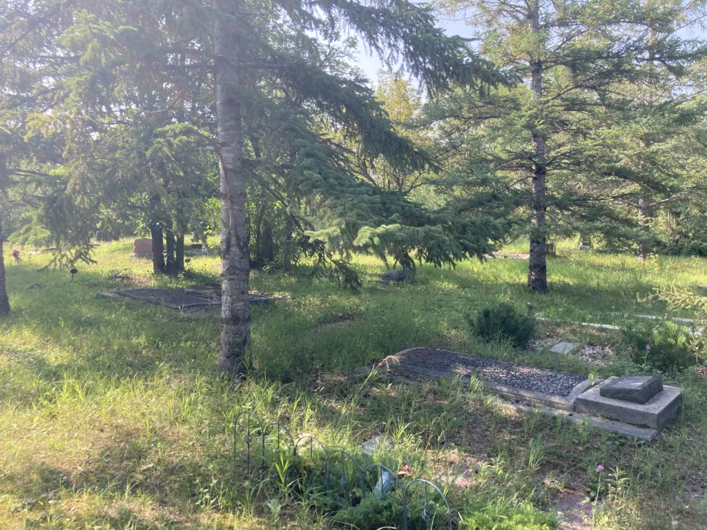 Photo of a few headstones surrounded by trees.