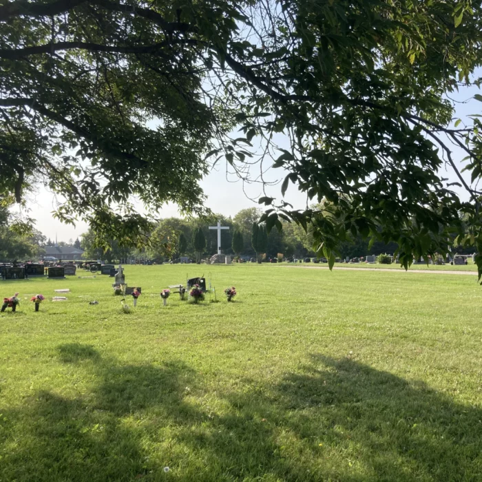 Photo of field with headstones and a white cross.