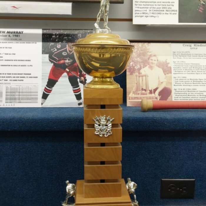 Centennial Cup Trophy with a plaque at the bottom of it which reads 'The Centennial Cup' and that it was awarded to the Selkirk Steelers in 1974