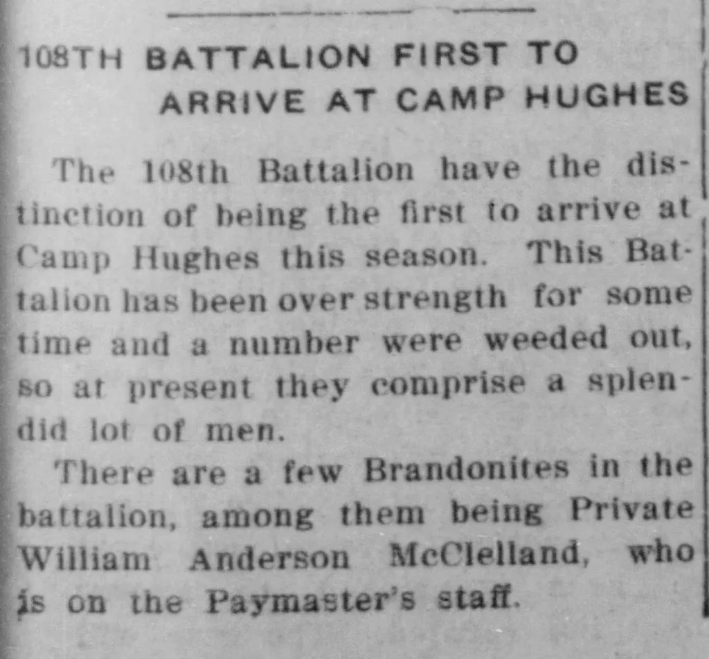 Newspaper article with the headline reading 108th Battalion First to Arrive at Camp Hughes