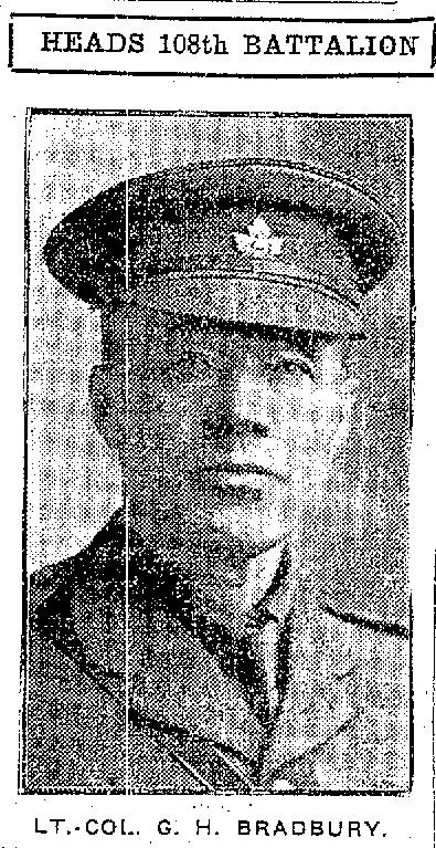 Newspaper photo of Lt. Col Bradbury with headline reading "Heads of 108th Battalion.