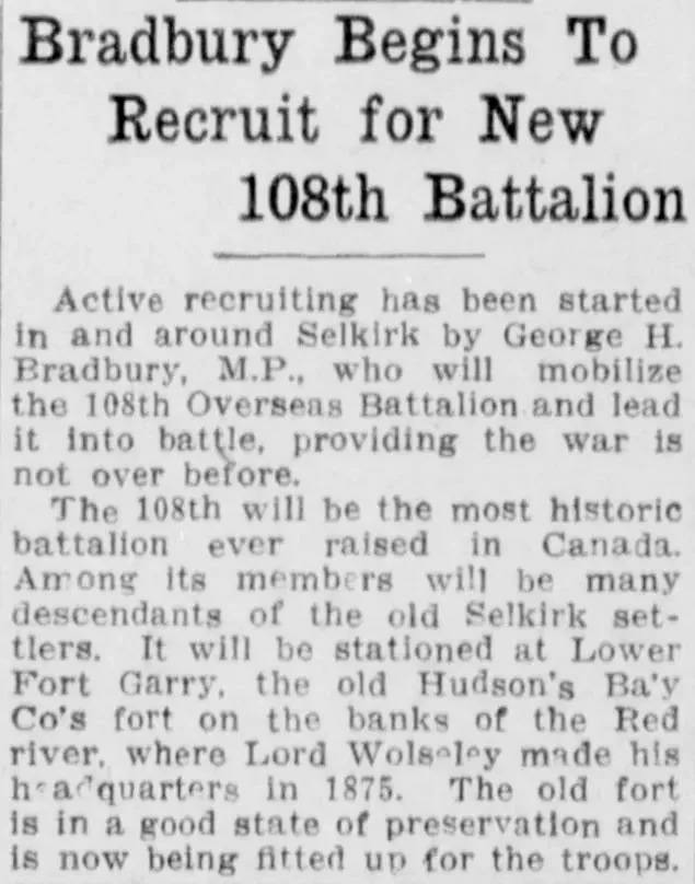 Newspaper article with headline reading "Bradbury Begins To Recruit for New 108th Battalion"