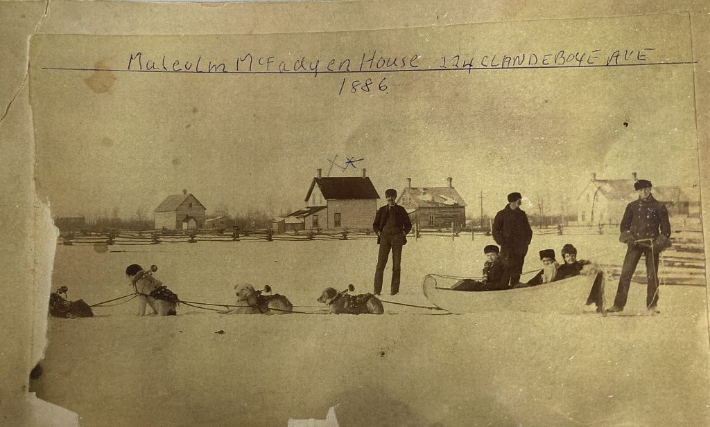 A four team dog sled on the prairies