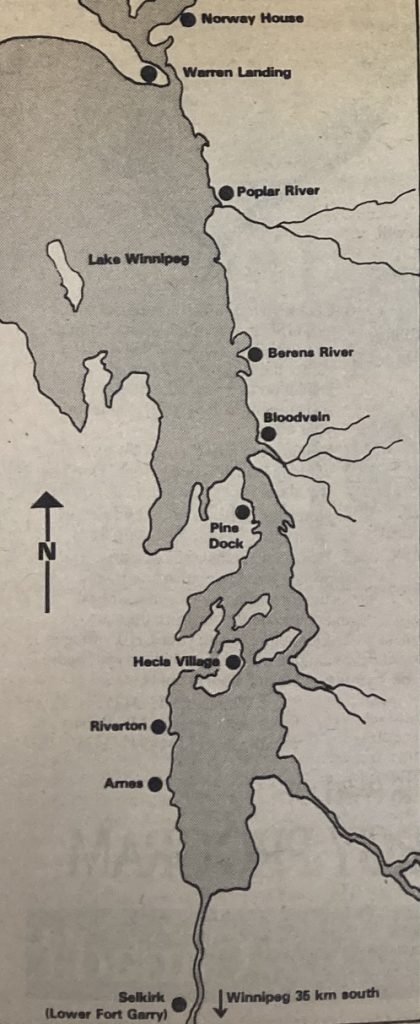 Map of Manitoba of the Northern Packet Mail Run. The most northern point show in Norway House and the most southern point shown is Selkirk