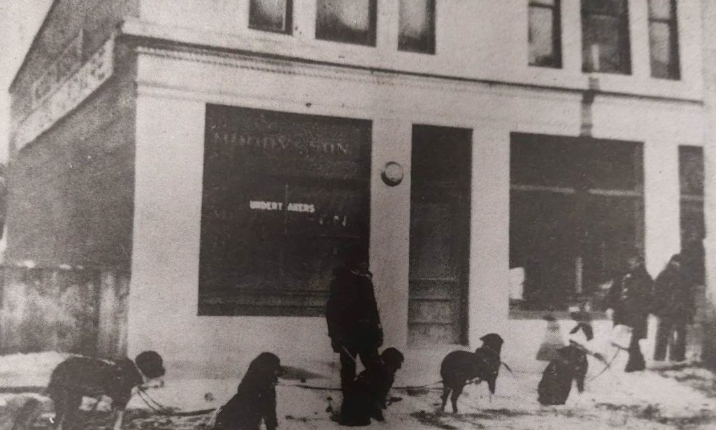 Dog Train in front of Moody and Son, Hardware and Undertakes, corner of Manitoba and Eveline