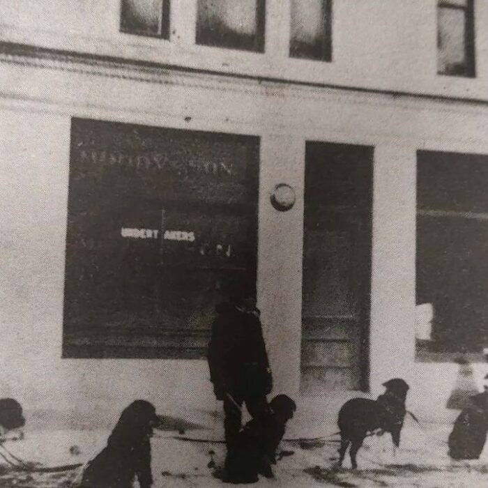 Dog Train in front of Moody and Son Hardware and Undertakes Corner of Manitoba and Eveline, 1906, Selkirk Enterprise Centennial Edition Dog Train in front of Moody and Son, Hardware and Undertakes, corner of Manitoba and Eveline
