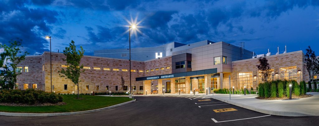 Selkirk Regional Health Centre lit up at night