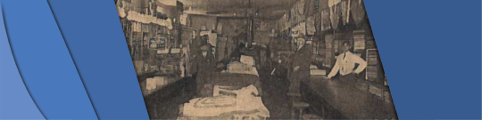 Inside the store of Shepard Peers and Co. Three men at looking at the camera with stacked shelves behind them