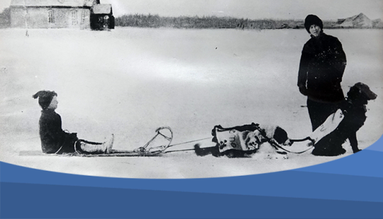 Child on a sled being pulled by two dogs with a man in the background looking at the camera