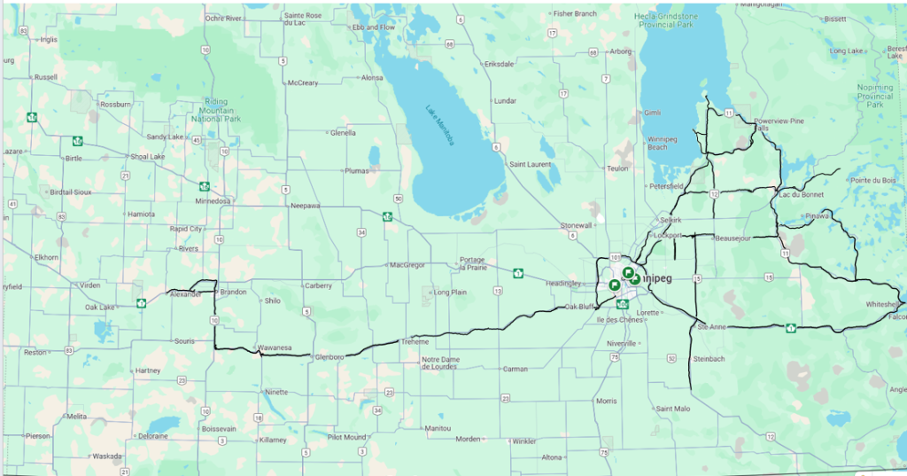 Map of the Southern Manitoba showing highway and trail routes