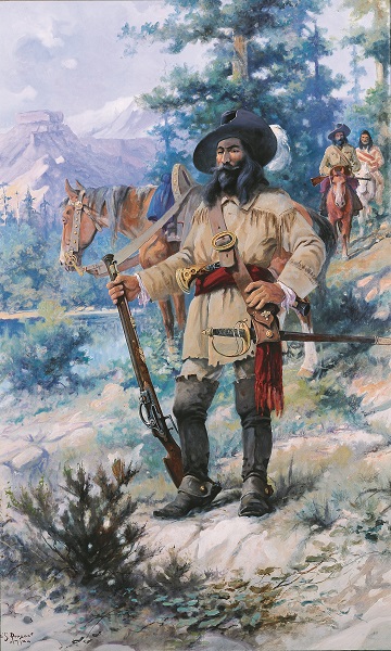 Painting of a man with a hat and beard, wearing a leather jacket and holding a rifle. He is standing turned to the left. In the background there is a mountain range, trees, a lake, a brown horse and two additional men on horseback