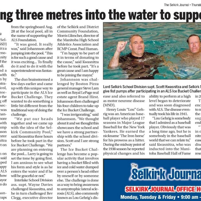 Dropping Three Metres into the Water to Support ALS, 2014, Selkirk Journal Dropping Three Metres into the Water to Support ALS