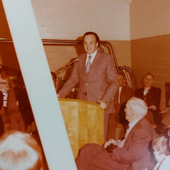 MLA Howard Pawley at Selkirk Community Pool Opening, 1975, Kinsmen Scrapbook Selkirk Museum Collection MLA Howard Pawley at Selkirk Community Pool Opening standing at a podium