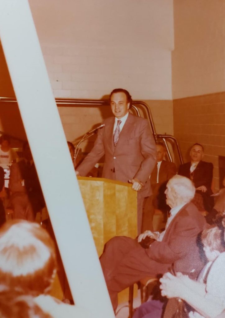 MLA Howard Pawley at Selkirk Community Pool Opening standing at a podium