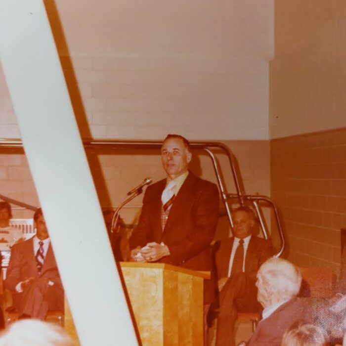 Mayor Lloyd Wersch at Selkirk Community Pool Opening, 1975, Kinsmen Scrapbook Selkirk Museum Collection Mayor Lloyd Wersch at Selkirk Community Pool Opening standing at a podium