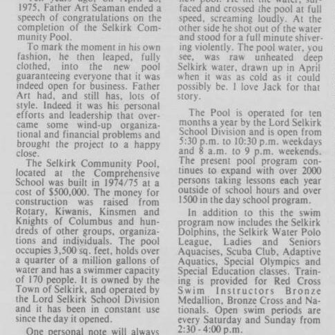 Selkirk Pool celebrates 10th Anniversary, 1985, Selkirk Journal Selkirk Pool celebrates 10th Anniversary