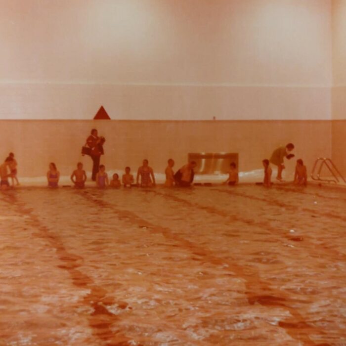 Students Prepare to Swim in Pool at Selkirk Community Pool Opening, 1975, Kinsmen Scrapbook Selkirk Museum Collection Students Prepare to Swim in Pool at Selkirk Community Pool Opening