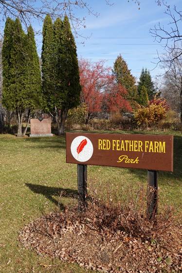 Colour image of a park of trees with a sign at the front which reads Red Feather Farm