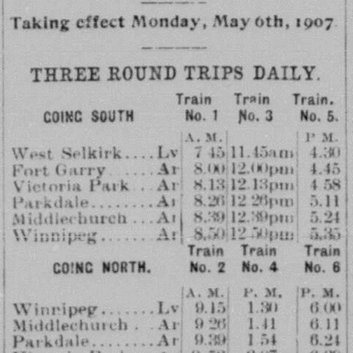 Time table for the train trips in Selkirk
