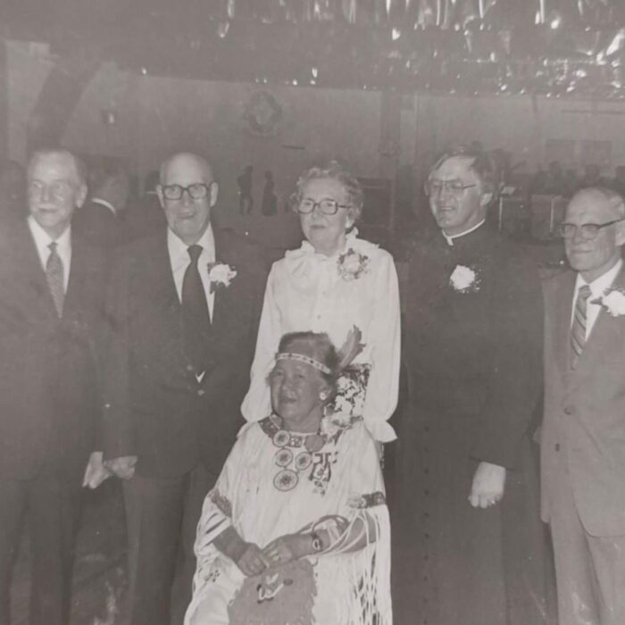 Civic Awards, George Gilhuly, Charlie Tovell, Lauga Thompson, Father Art Seaman, Steve Oliver, Dr. Bill Easton, Amy Clemons, 1982, Selkirk Museum Collection Black and white image of a small group of people. Seated in the front is Amy Clemons
