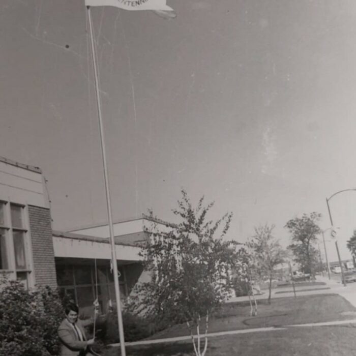 Mayor Bill Shead Raises the Centennial Flag in Front of the Civic Centre, 1982, Selkirk Museum Collection Mayor Bill Shead Raises the Centennial Flag in front of the Civic Centre