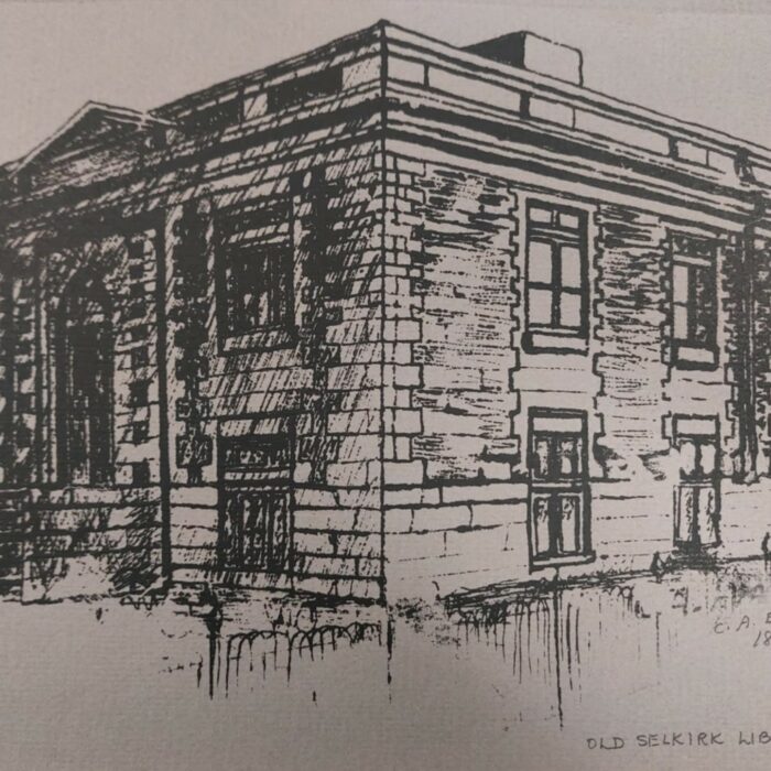Old Selkirk Library Art Cart Calendar Submission by C.A. Evans, 1982, Selkirk Museum Collection Drawing of the old Selkirk Library