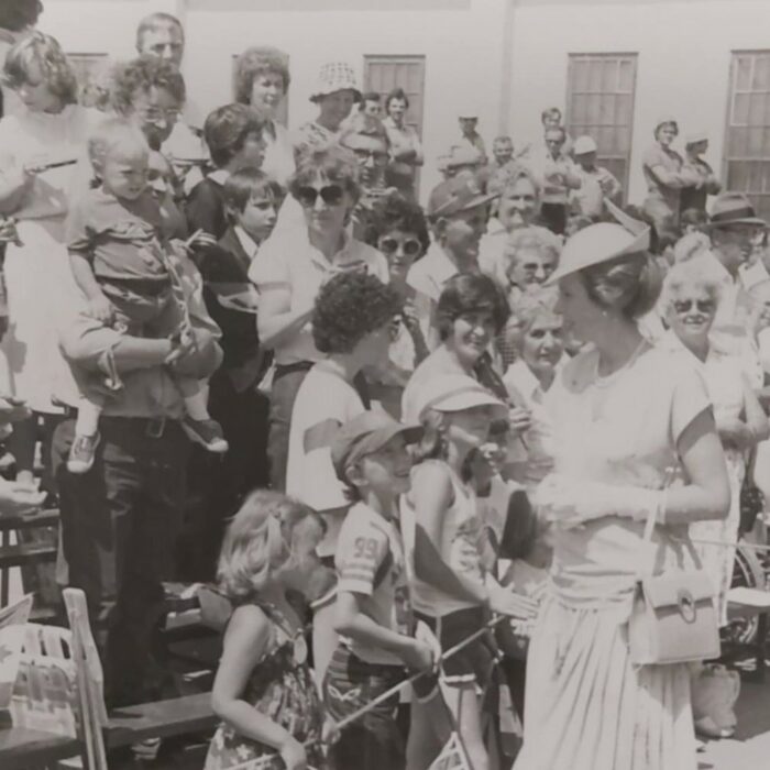 Princess Anne Greets Citizens of Selkirk, 1982, Selkirk Museum Collection Black and white image of Princess Ann meeting Selkirk citizens along the street