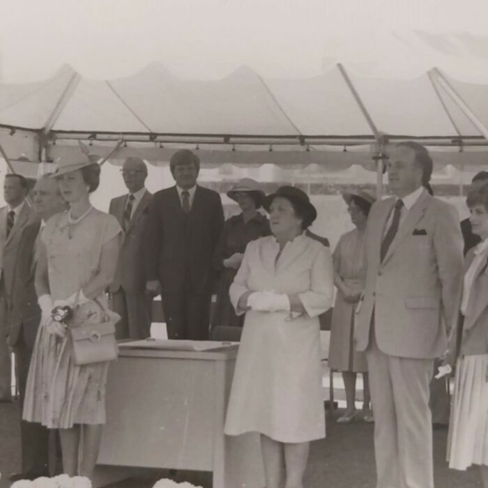 Princess Anne and Premier Howard Pawley, 1982, Selkirk Museum Black and white image of Premier Howard Pawley and Princess Ann