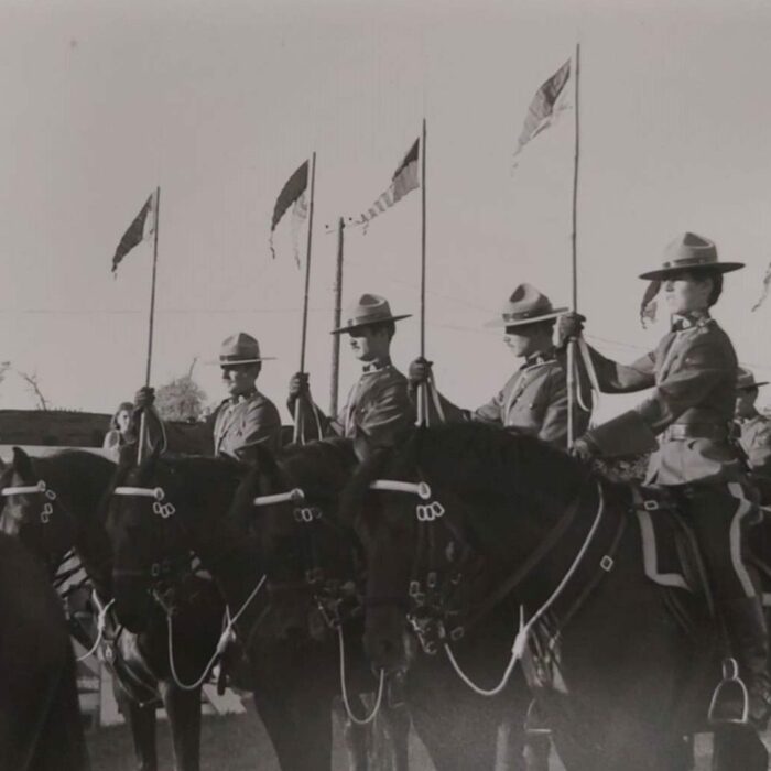 R.C.M.P. Musical Ride at Selkirk Park, 1982, Selkirk Museum Collection Black and white image of the RCMP musical ride