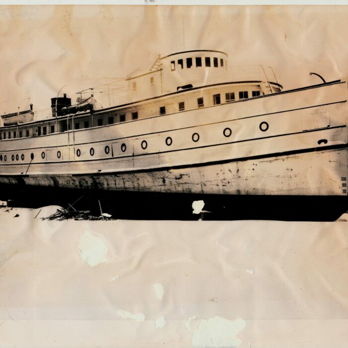 Winter Before Restoration of Keenora, 1974, Fraser Stewart Black and white photograph of the Keenora during a restoration