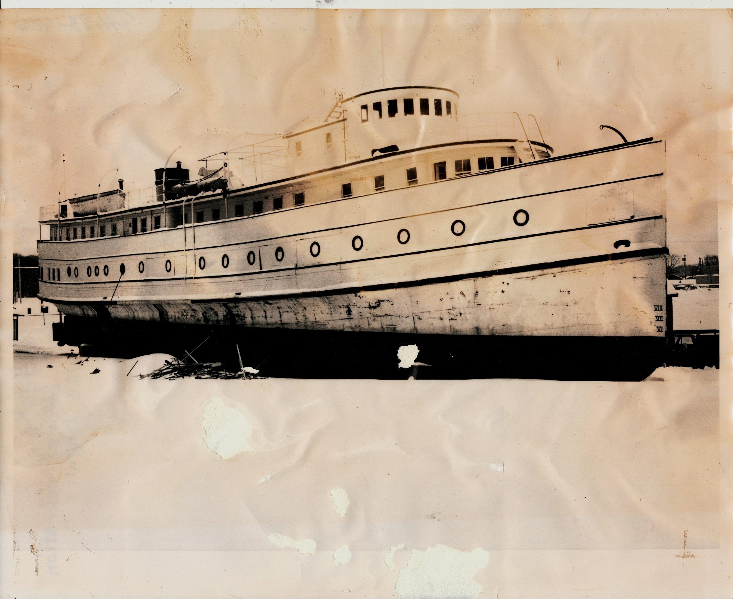 Black and white photograph of the Keenora during a restoration